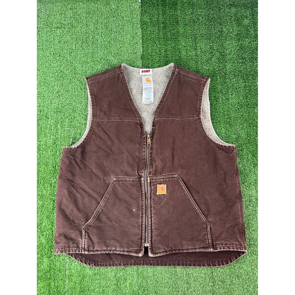 Carhartt V26 DKB Sandstone Sherpa Lined Duck Vest Mens XL Dark Brown Workwear